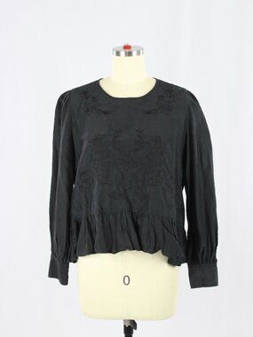 ZARA Black Floral Embroidered Cotton Silk Voile Peasant Peplum Blouse, Size S